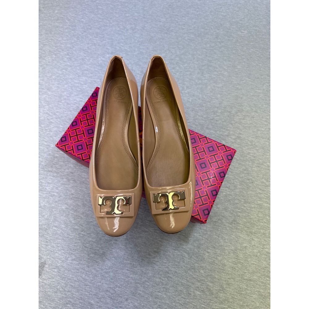 Tory Burch Jill Pump Patent Leather Tory Beige 251 Block Heel Shoes 52824 Size 8